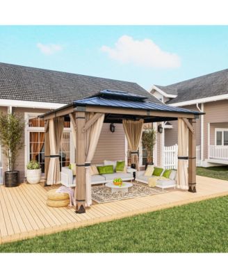 12 Ft. W x 10 Ft. D Solid Cedar Wood Patio Gazebo with Curtains and Mesh Screens