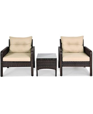 3PCS Outdoor Rattan Conversation Set Patio Furniture Cushioned Sofa Chair