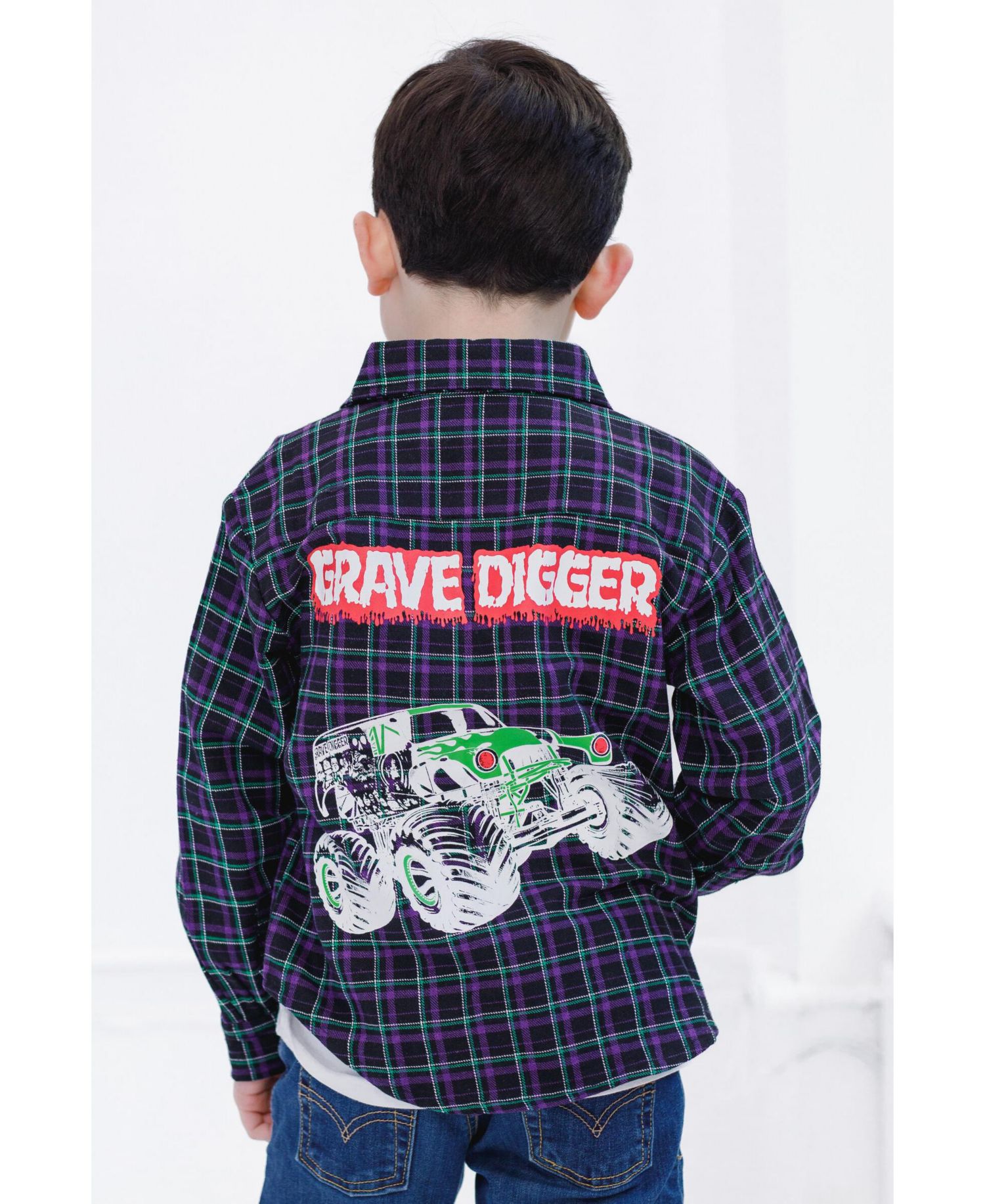 Boys Grave Digger Truck Flannel Matching Family Button Down Shirt