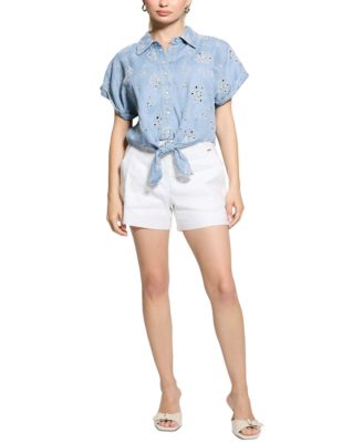GUESS - Women's Brigitte Eyelet Tie-Front Cap-Sleeve Shirt