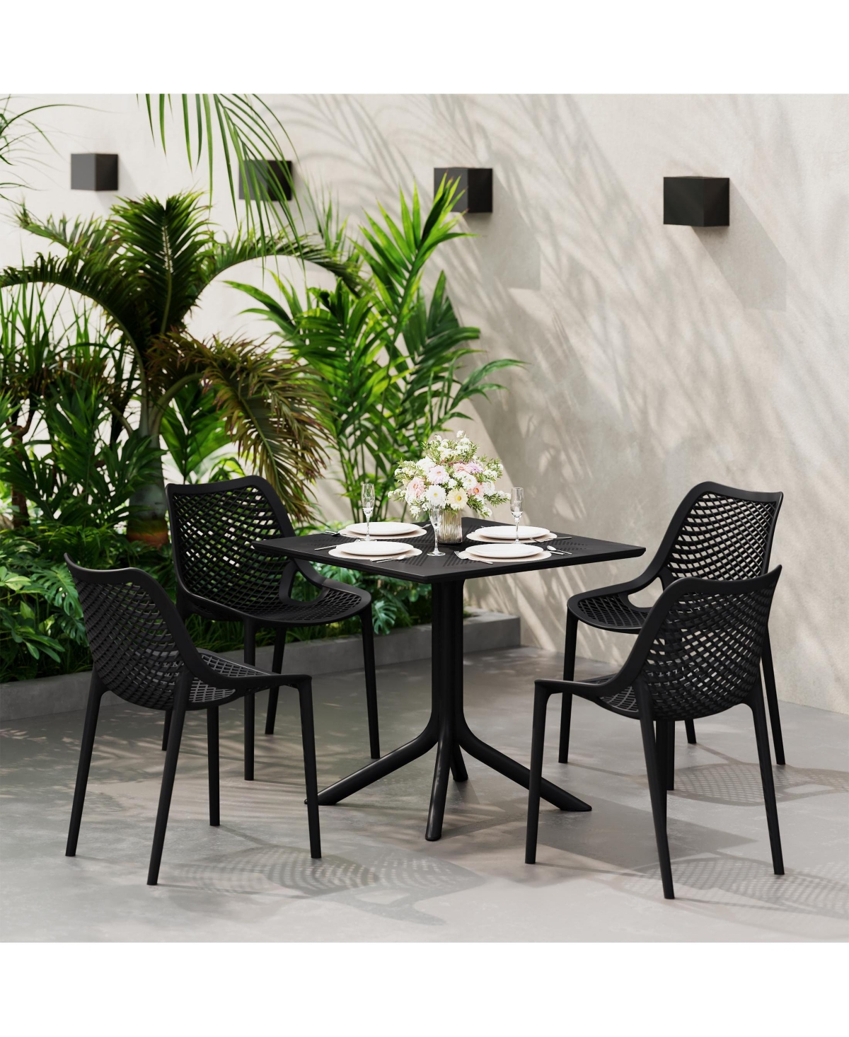 5-Piece Modern Square Patio Dining Table Set with Stackable Chairs