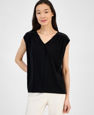 Women's Lace-Inset Extended-Shoulder V-Neck Top