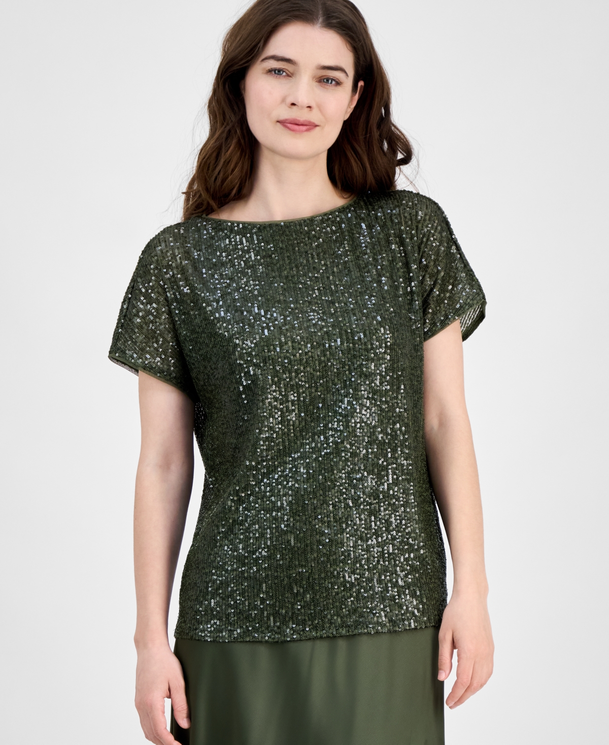 Petite Sequin Top - Olive Palm