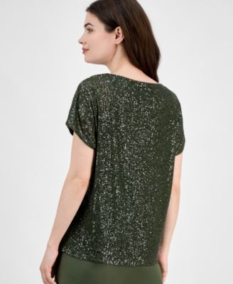 Women's Sequinned-Mesh Boat-Neck Top