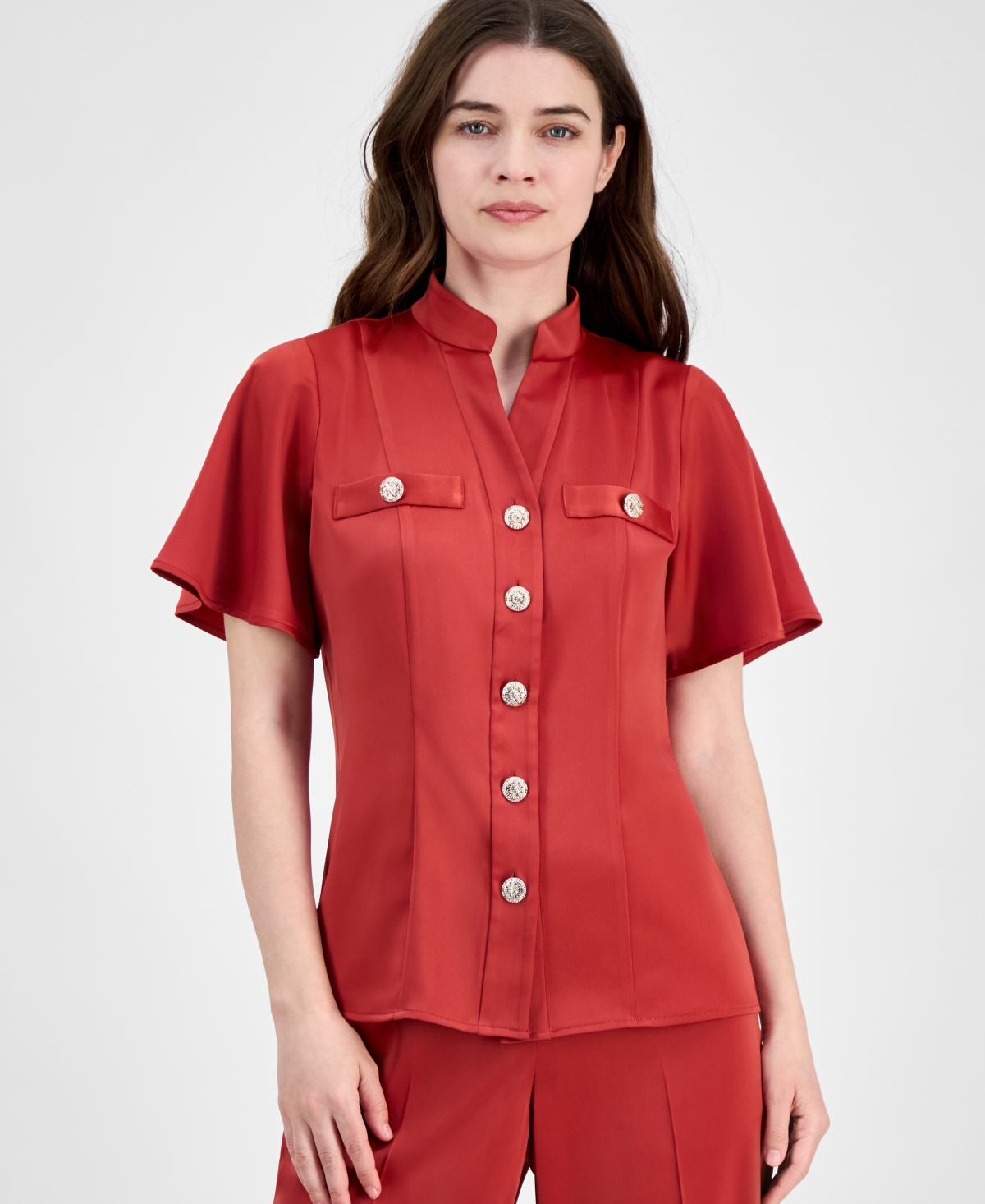 Anne Klein High Neck Short Sleeve Button-up Shirt In Red