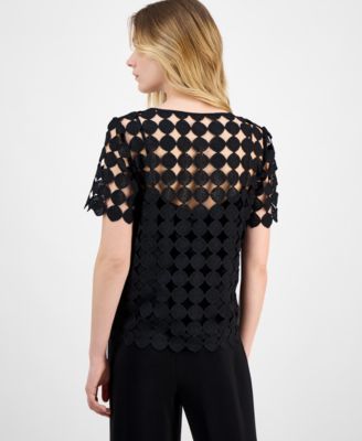 Women's Round-Neck Short-Sleeve Woven Lace Blouse