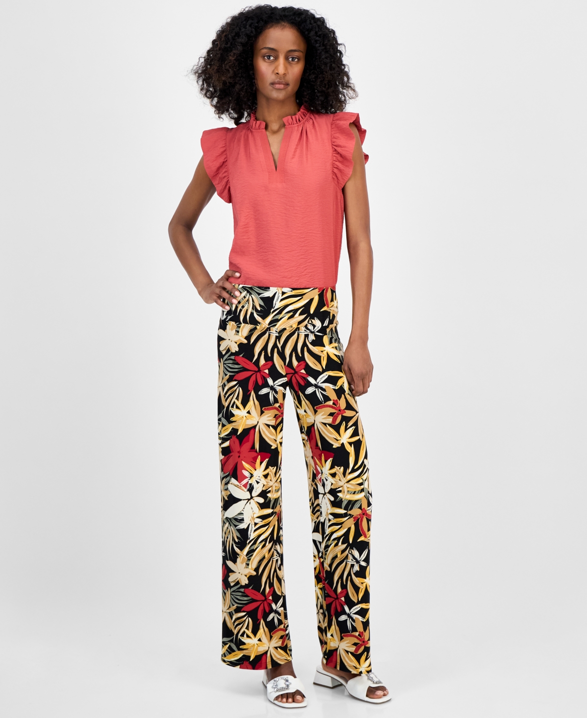 Petite Printed High-Rise Pull-On Pants - Anne Black Multi