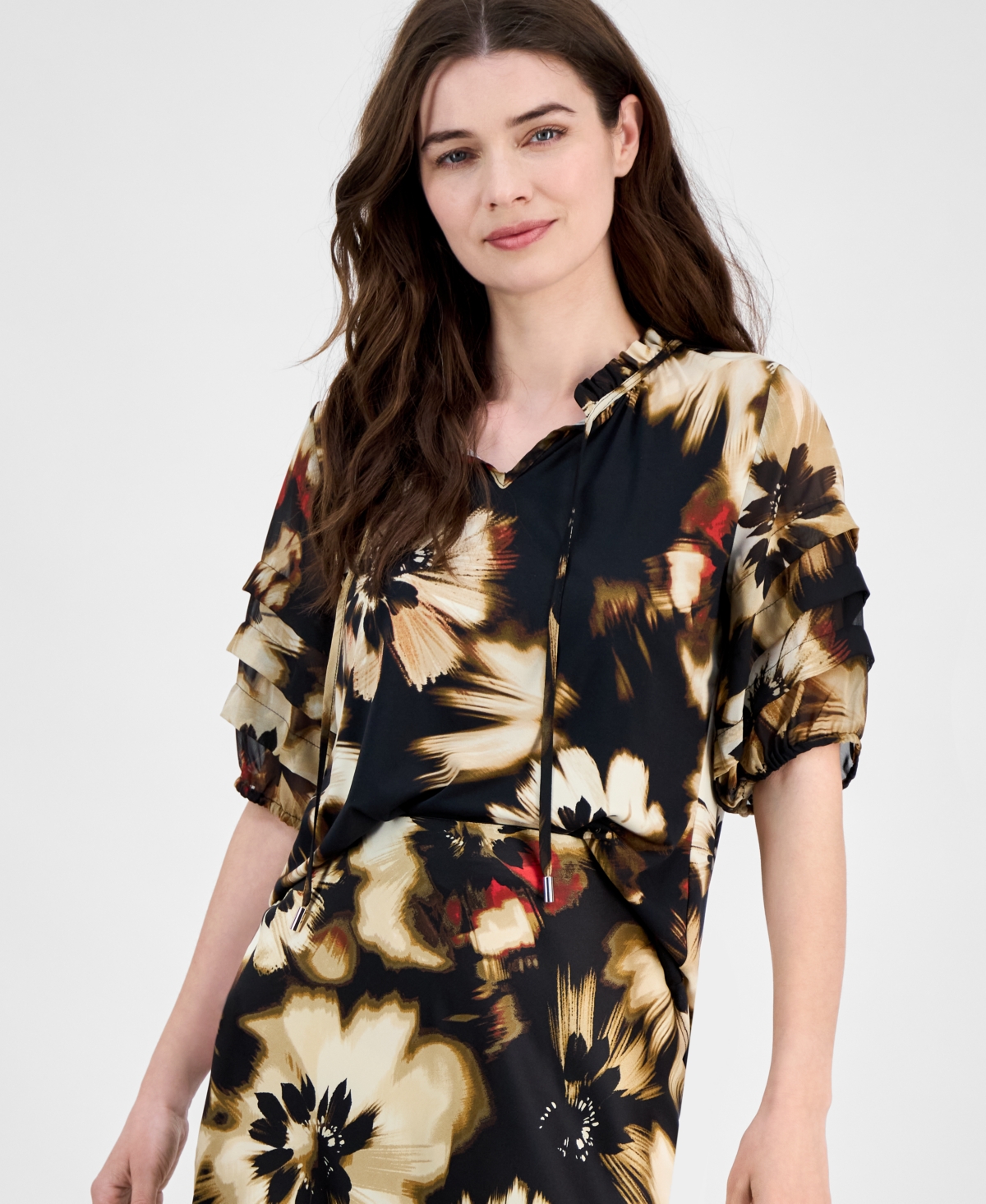 Petite Floral-Print Ruched-Sleeve Top - Anne Black Multi