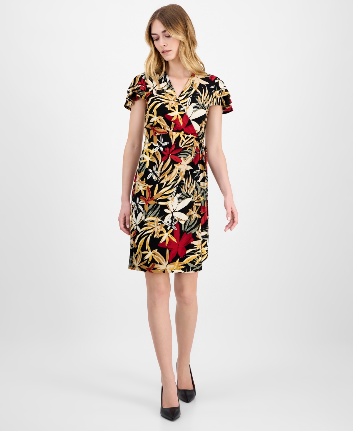 Petite Flutter-Sleeve Wrap Dress - Anne Black Multi