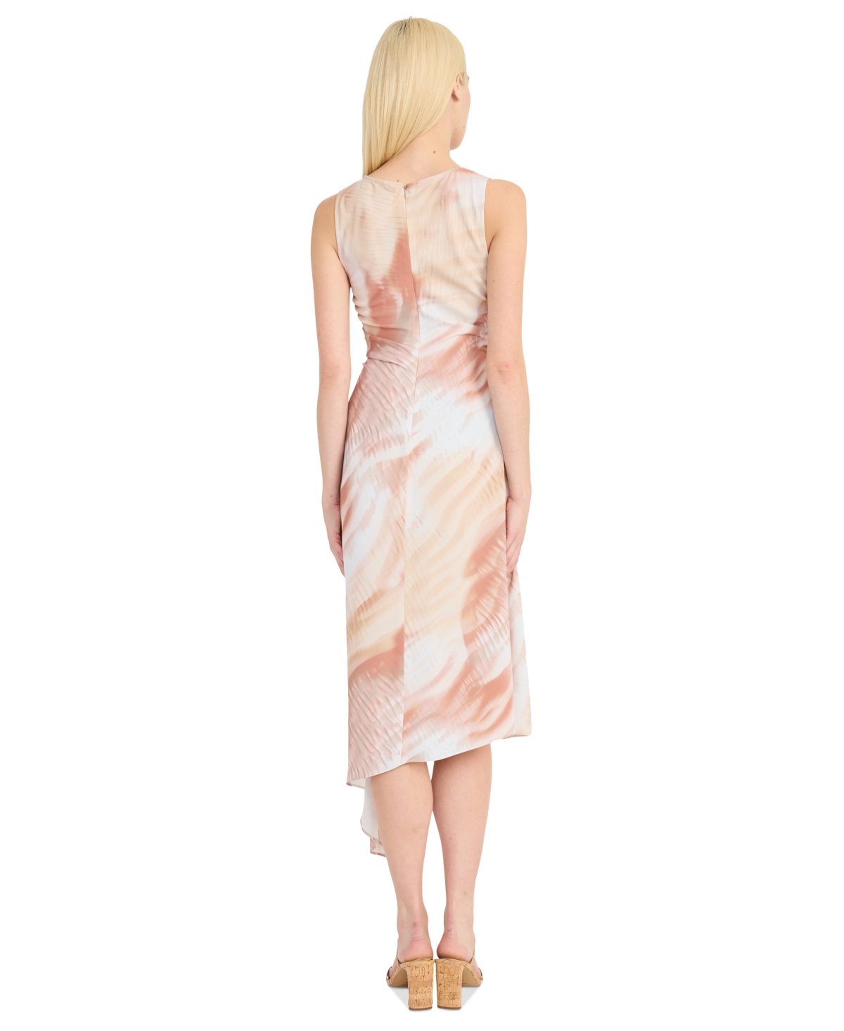 Luxely Women's Printed Ruched Asymmetrical Midi Dress In Light White Smoke,buff