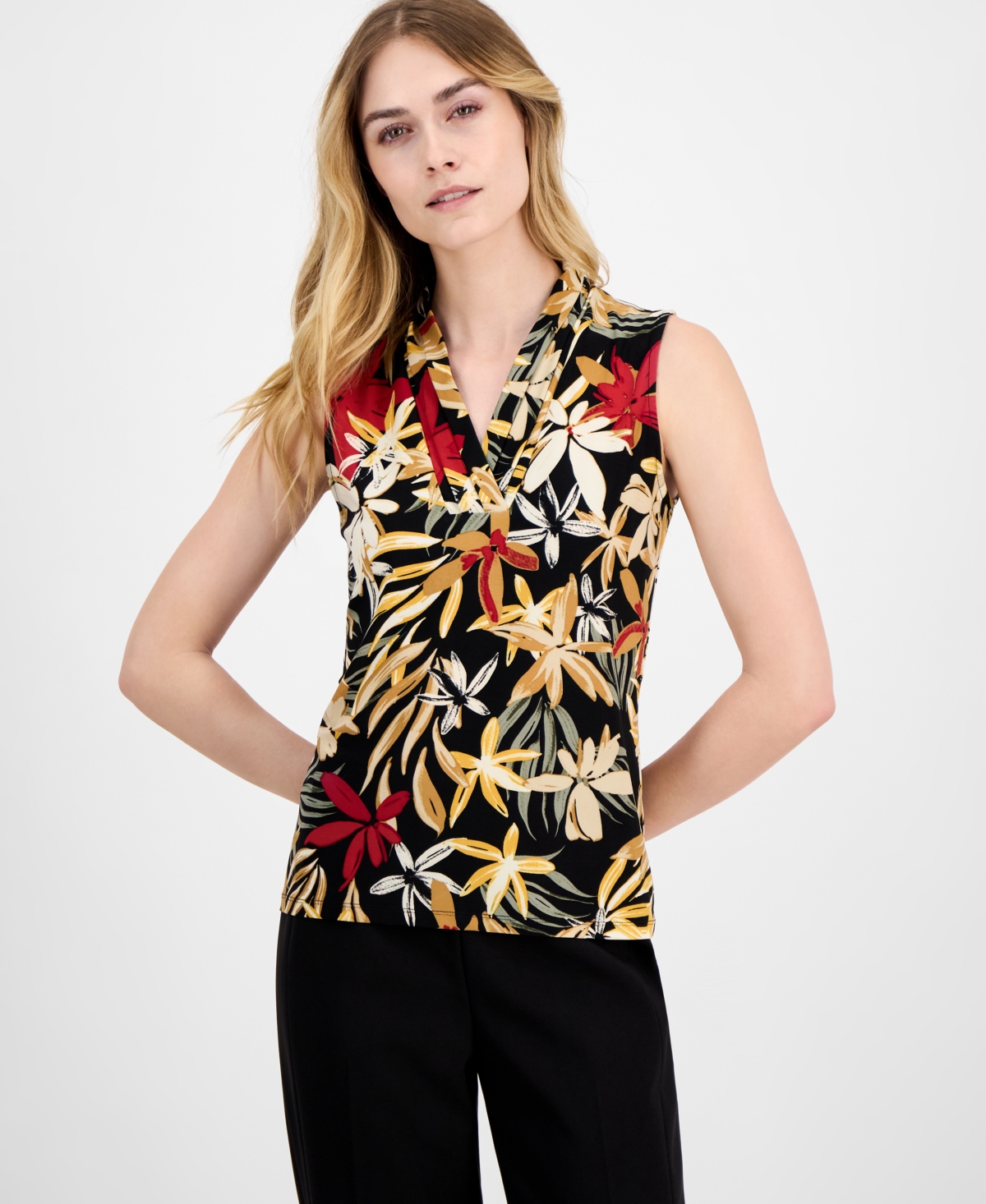 Petite Sleeveless Pleated V-Neck Blouse - Anne Black Multi