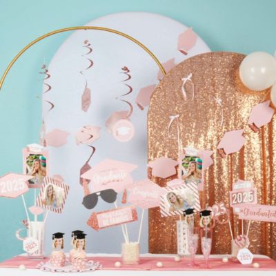 Rose Gold Graduation Cap Garland Banner, 10 Feet of Cord, 15 Hats with Tassels