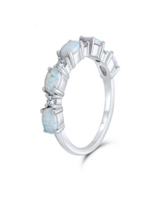 Open Leaf CZ Stackable 1/2 Eternity Oval Orange Blue Pink Created Opal Ring Gold Plated .925 Sterling Silver
