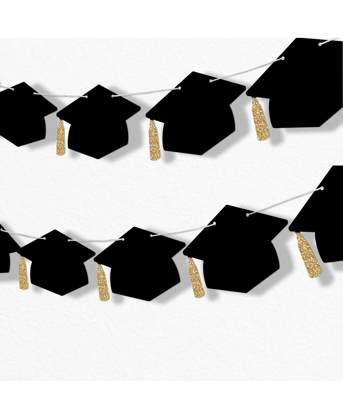 Graduation Cap Garland Banner, 10 Feet of Cord, 15 Black Hats with Gold Tassels