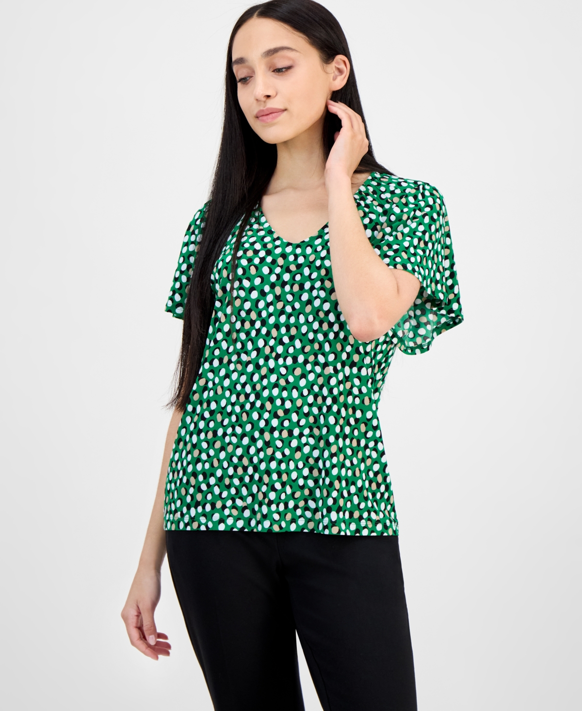 Petite Printed V-Neck Raglan-Sleeve Top - Tropical Green Multi