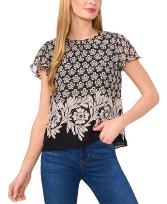 CeCe - Women's Crewneck Short-Flutter Sleeve Blouse