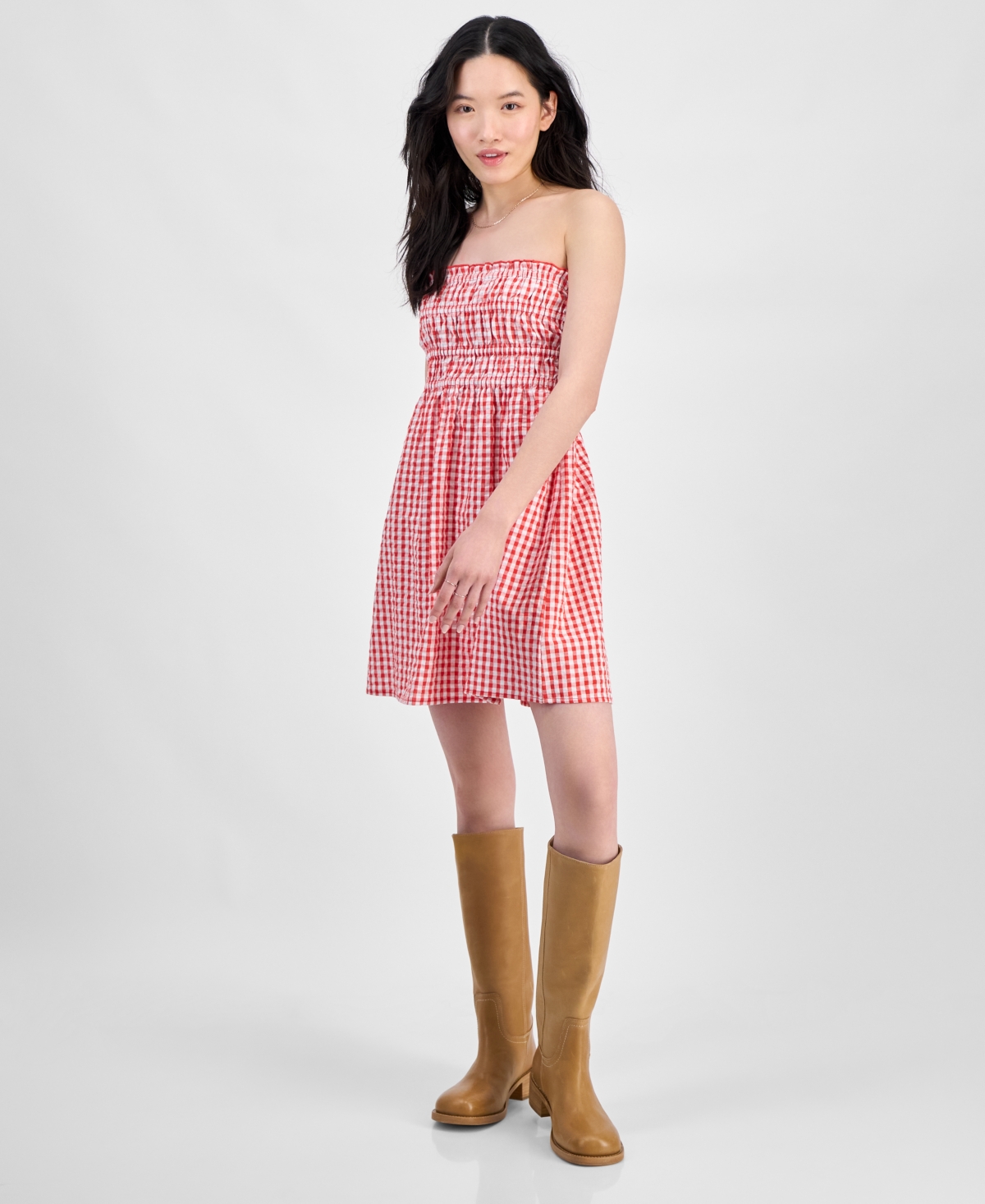 Hippie Rose Juniors' Cotton Gingham Strapless Mini Dress