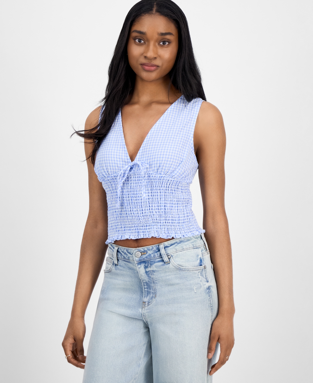 Juniors' Smocked Gingham Top - Black Gingham