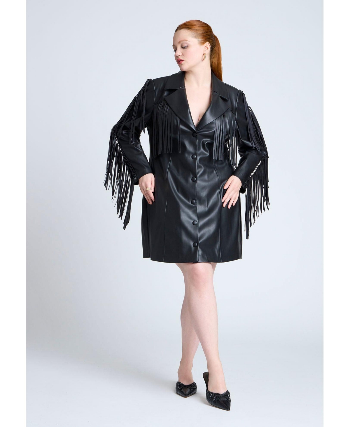 Plus Size Faux Leather Fringe Blazer Mini Dress - Black onyx