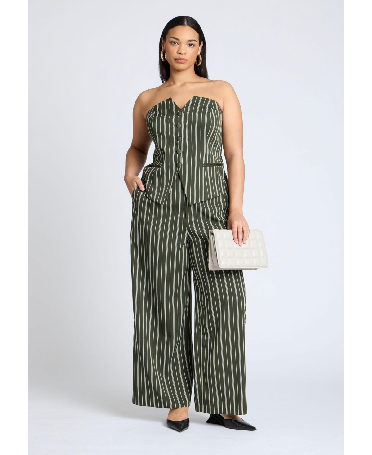 Plus Size Wide Leg Striped Pant - Green and white
