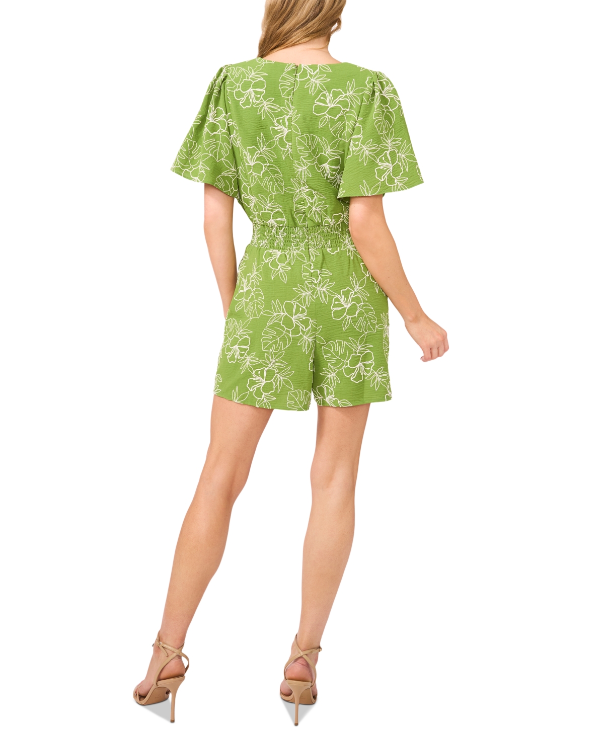 Cece Women's V-neck Smocked-waist Flutter-sleeve Romper In Green