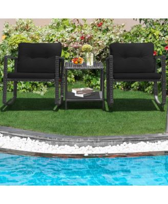 Set of 3 Rattan Patio Furniture Set Rocking Chair Set w/ Cushions Table