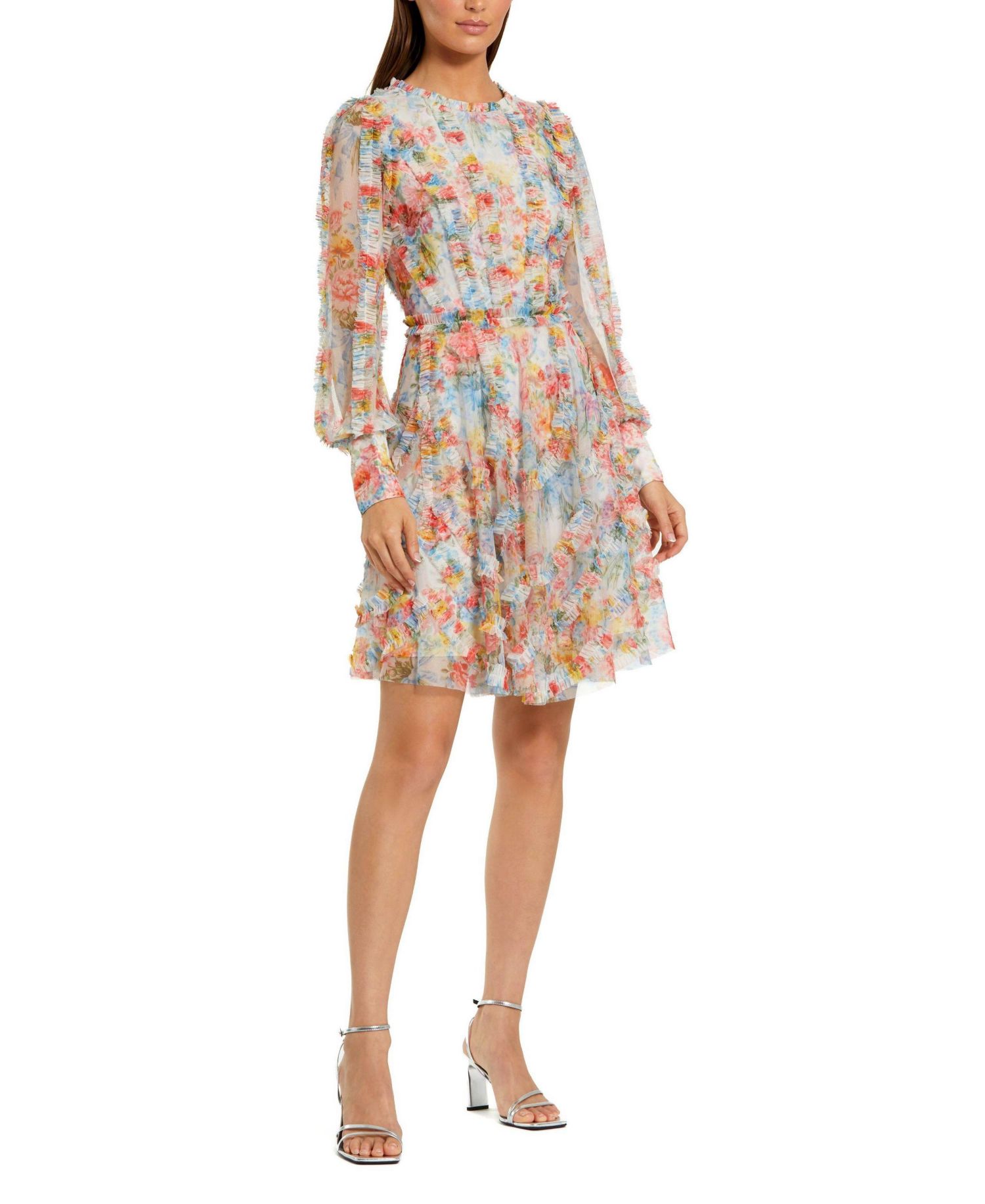 Women's Floral Mesh Ruffle High Neck Mini Dress