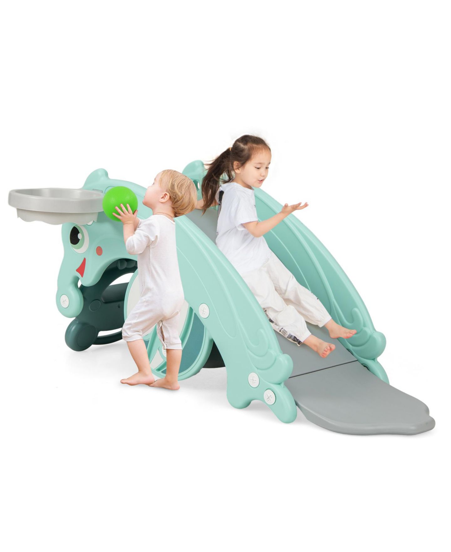 Детские игрушки GOUUN 3-in-1 Kids Slide Rocking Horse Set Convertible Toddler Slide with Basketball Hoop, цвет: Зелёный — фото 9