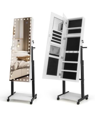 3-Color 46 LED Lights Mirror Jewelry Cabinet Armoire Adjustable Height with Wheels