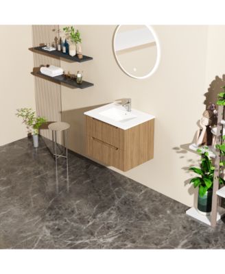 24" Wall Mounted Walnut Bathroom Vanity Cabinet with White Basin Sink Combo Floating