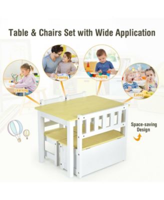 4 Pieces Kids Wooden Activity Table and Chairs Set with Storage Bench and Study Desk