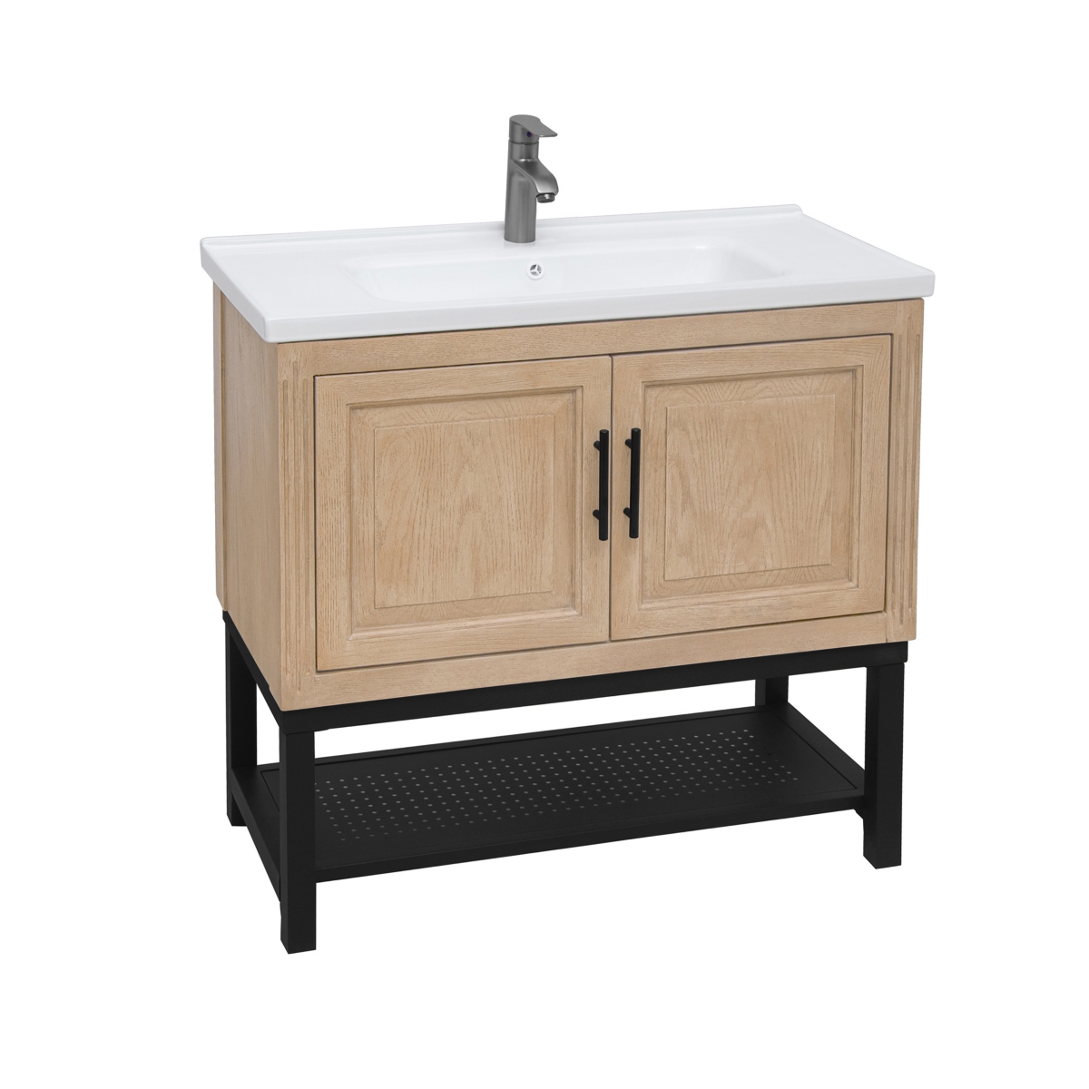 36" Bathroom Vanity with White Ceramic Sink & Faucet,Freestanding Bathroom Cabinet with 2 Storage Doors and Open iron Shelf - Walnut