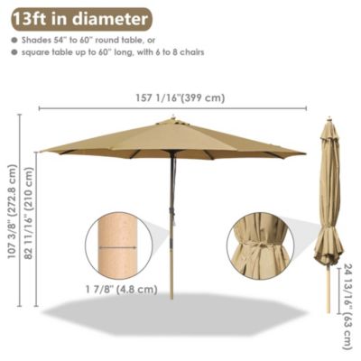13FT Large Outdoor Patio Umbrella UV30+ Wood 8 Rib Pole for Table Beach Yard Garden Wedding Deck Cafe Pool Tan