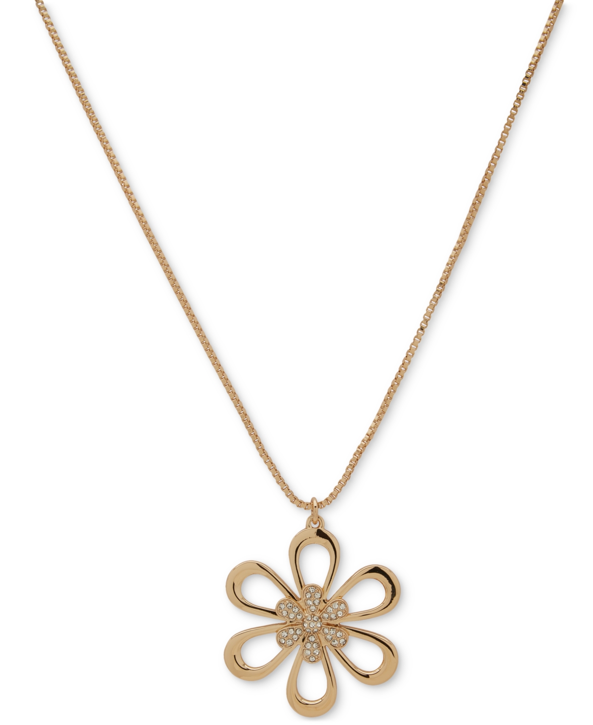 Karl Lagerfeld Gold-tone Pave Openwork Daisy Adjustable 36" Pendant Necklace In Crystal White