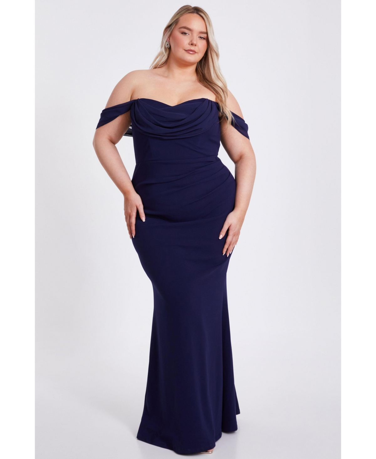 Plus Size Scuba Crepe/Chiffon Bardot Maxi Dress - Navy