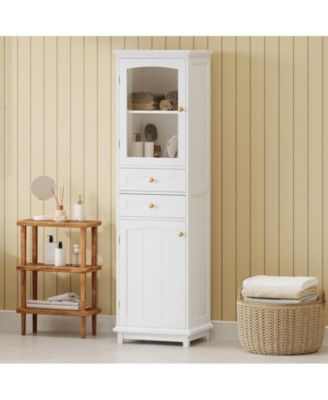 63" MDF Tall Bathroom Storage Cabinet with Glass Doors, Drawers and Adjustable Shelves