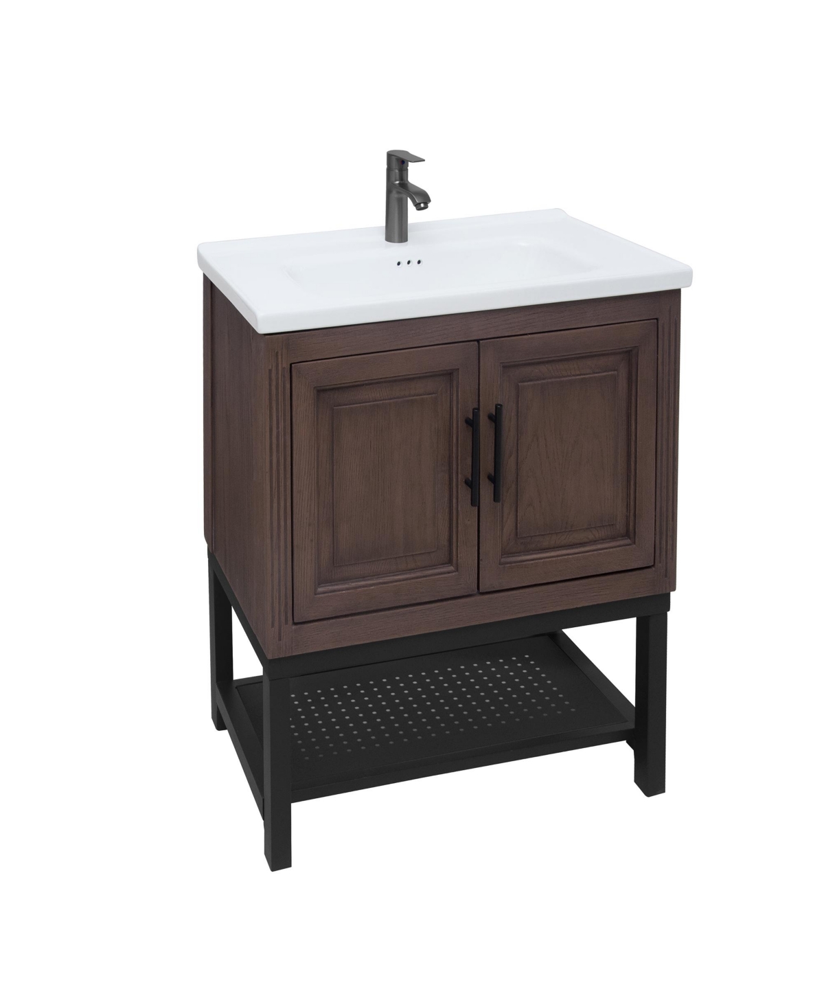 24" Bathroom Vanity with White Ceramic Sink & Faucet,Freestanding Bathroom Cabinet with 2 Storage Doors and Open iron Shelf - Brown