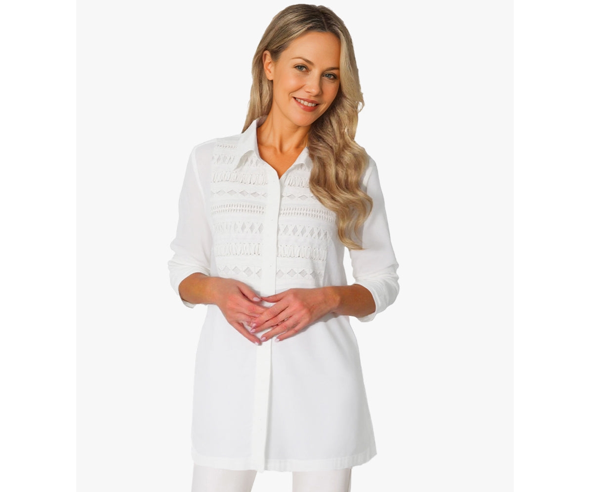 Women's Cotton Poplin Button-Front Unique Handmade Bib Pitch Perfect Tunic - Soft white