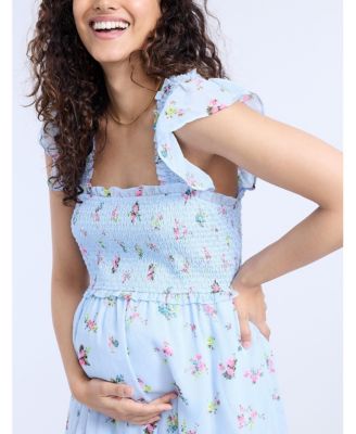 Women's Sleeveless Ruffle Shoulder Smocked Maxi Dress - Motherhood Maternity