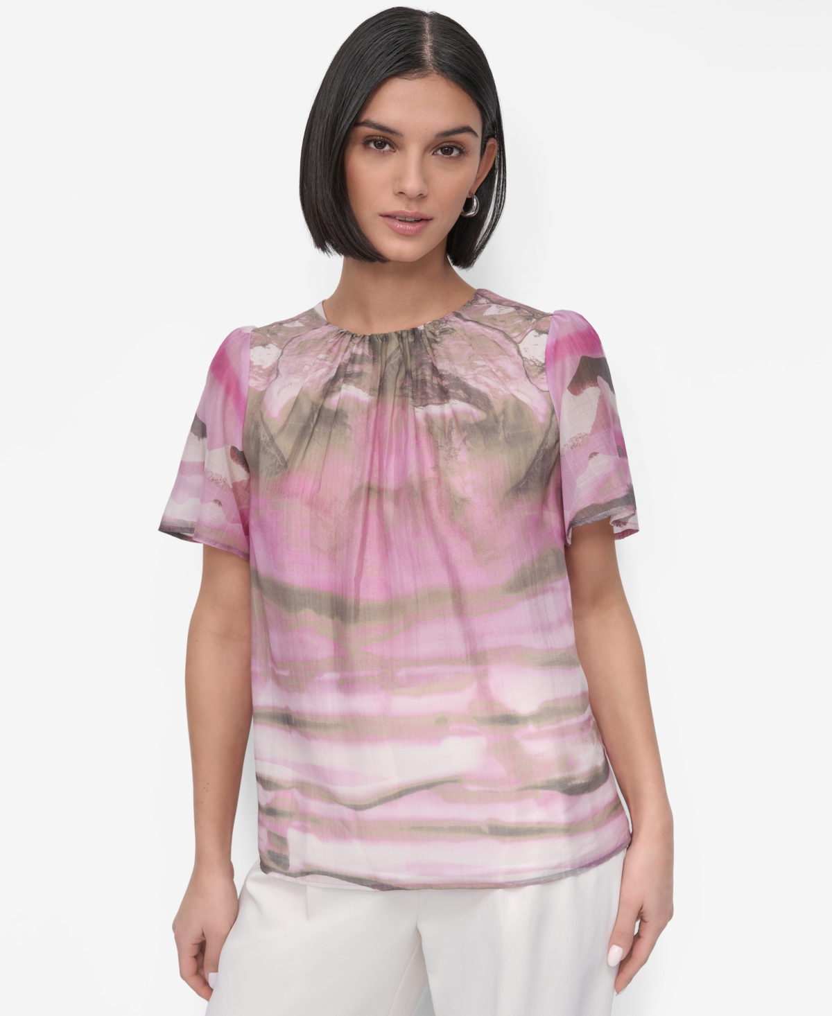 Petite Printed Puff-Shoulder Blouse - Palest Pink Multi