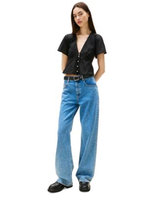 Women's Cotton Embroidered Plunging-Neck Blouse