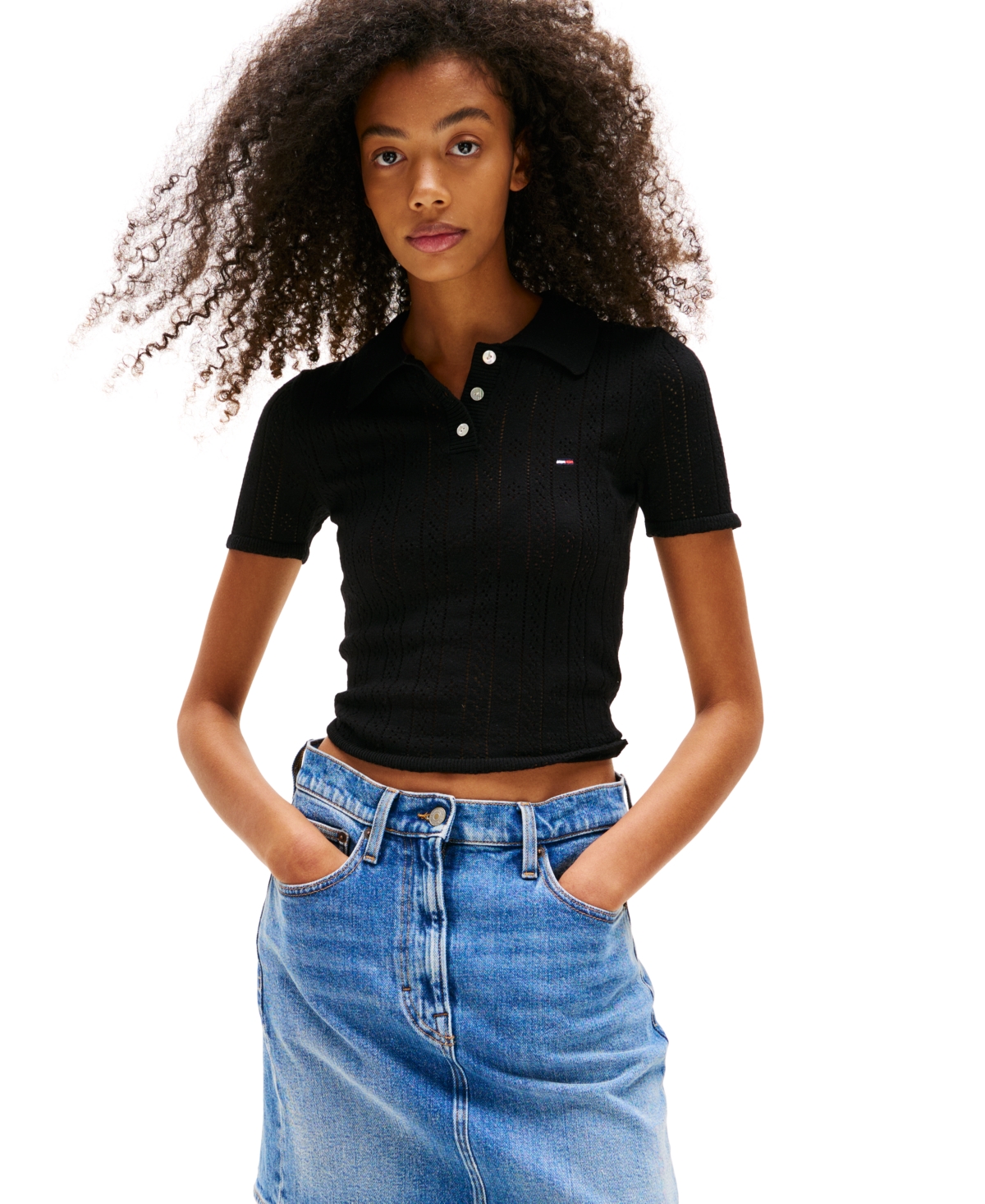 Women's Pointelle Cropped Polo Sweater - BLACK