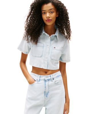 Women's Cropped Short-Sleeve Denim Shirt