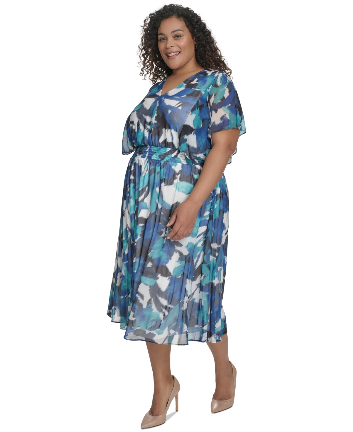 DKNY PLUS SIZE PRINTED FLUTTER-SLEEVE MIDI DRESS 