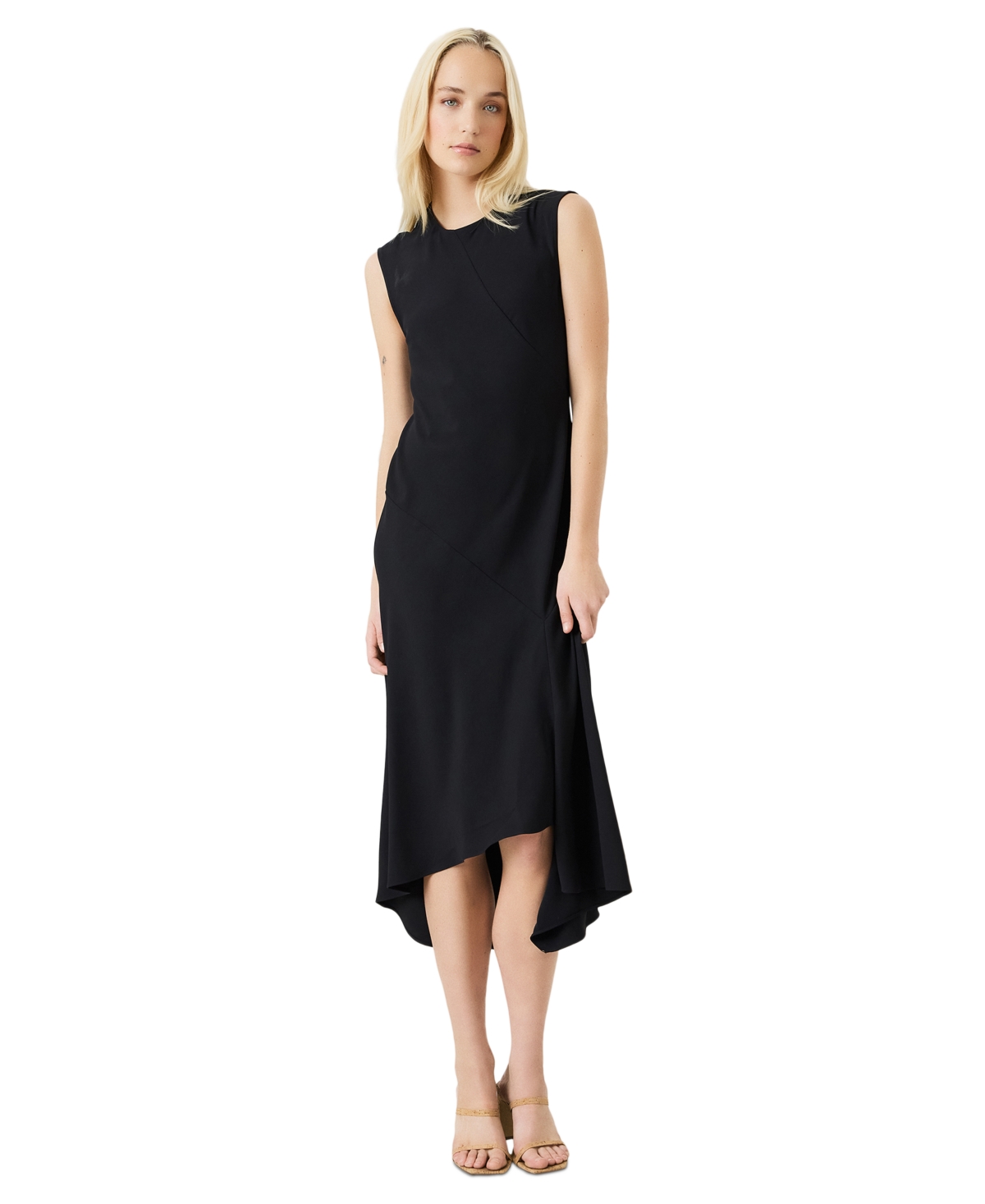 Luxely Beach Crepe Asymmetric Midi Dress In Black