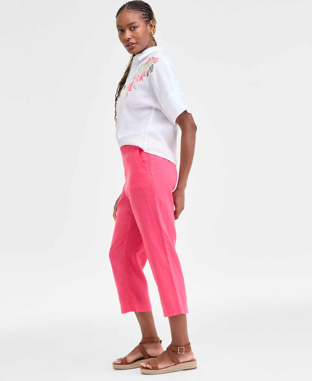 CHARTER CLUB WOMEN'S 100% LINEN SOLID CROPPED PULL-ON PANTS, CREATED FOR MACY'S 