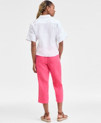 CHARTER CLUB WOMENS EMBROIDERED LINEN SHIRT SOLID CROPPED PULL ON PANTS EXCLUSIVELY AT MACYS 