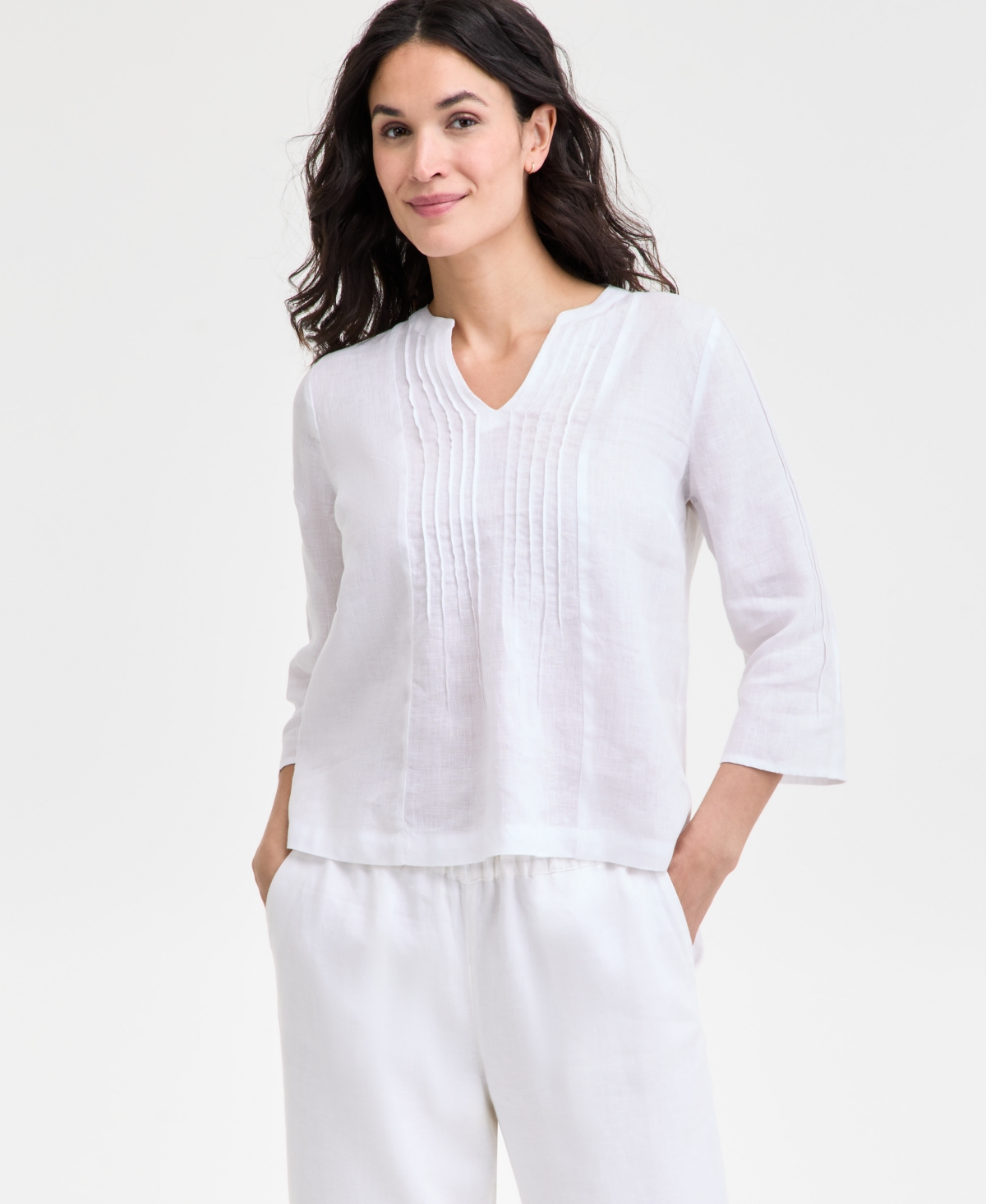 CHARTER CLUB PETITE 100% LINEN PINTUCKED TOP, EXCLUSIVELY AT MACY'S 