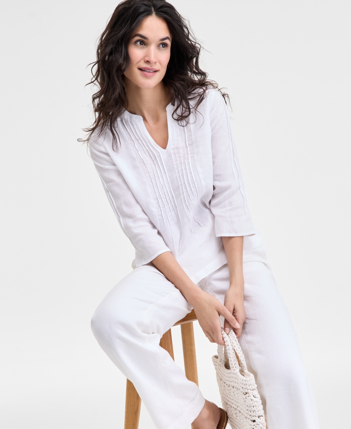 CHARTER CLUB PETITE 100% LINEN PINTUCKED TOP, EXCLUSIVELY AT MACY'S 