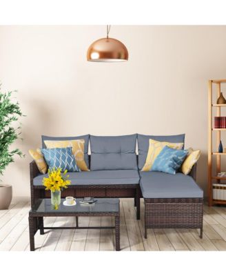 3PCS Patio Wicker Rattan Sofa Set Outdoor Sectional Conversation Set